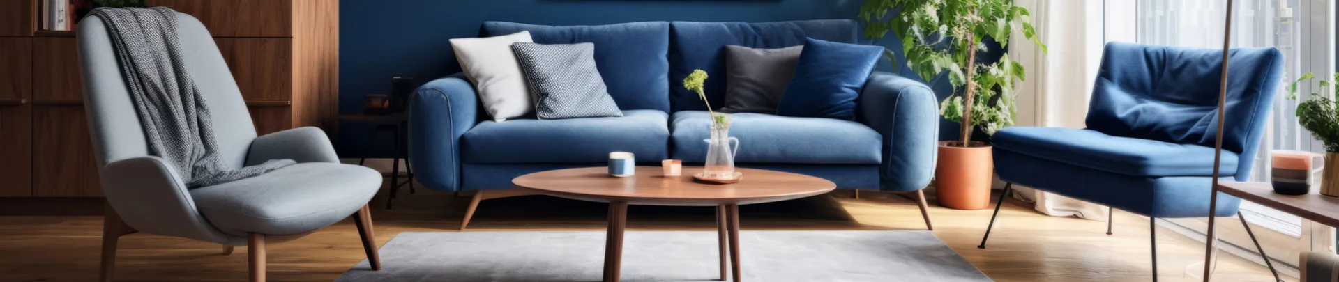 Interieurmodel met blauwe bank en een poster aan de muur, houten tafel en decor in een blauwe woonkamer.